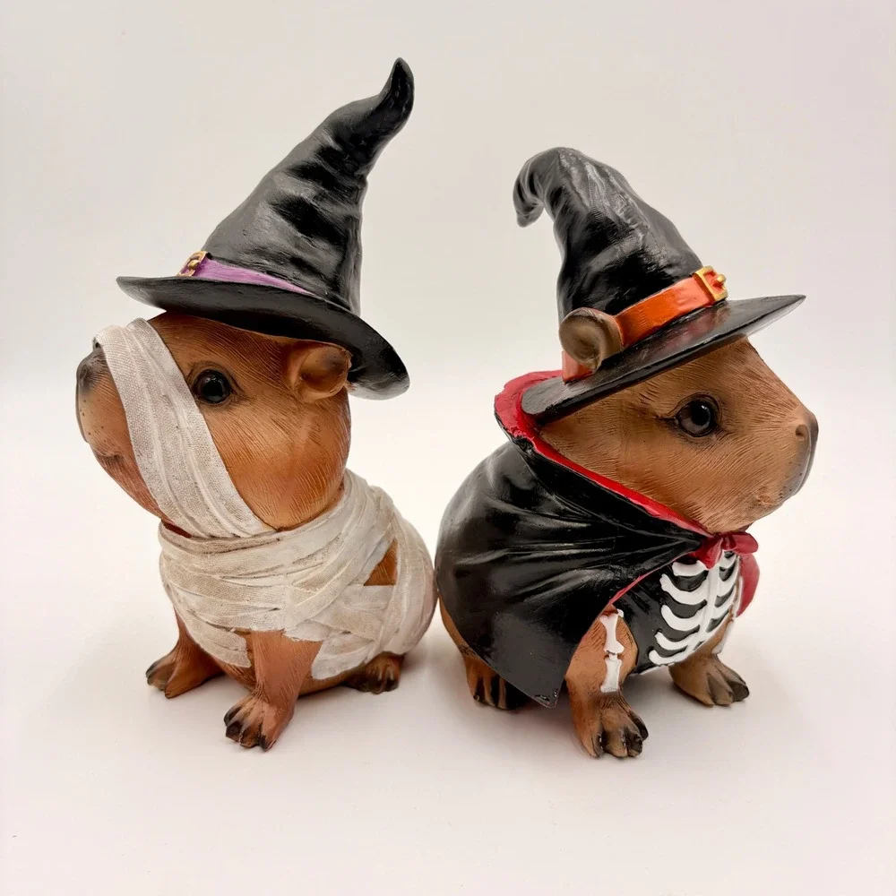 Halloween Capybara Figurine Set 2 Mummy Skeleton Vampire Witch Hat Decor Hamster